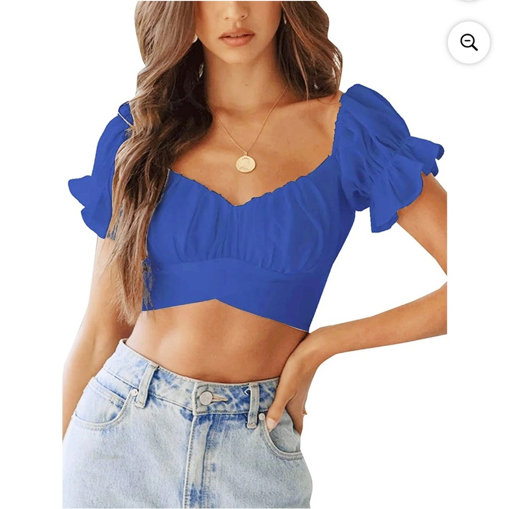 LYANER Ruffle Short Sleeve Tie-up Back Crop Top Off Shoulder Bardot Blouse Small